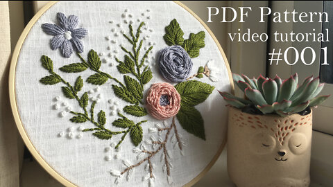 Embroidery flowers - step by step, tutorial for beginners - PDF Pattern 001