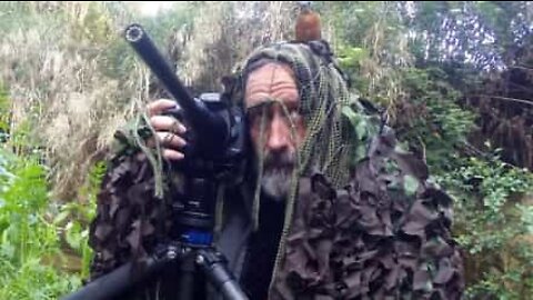 Bird mistakes camouflaged photographer for bush
