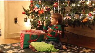 Little boy is ecstatic to receive fruits and vegetables for Christmas