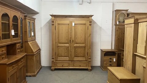 Large Waxed Antique Pine Double Wardrobe 2 Bottom Drawers (X4500G) (Dismantles)@PinefindersCoUk