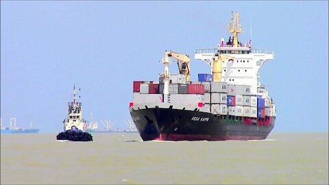 Container ship Vega Kappa sailing into Songkhla Port in Thailand