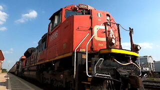 CN 8896 & CN 2301 Engines Potash Train Westbound In Ontario TRACK SIDE