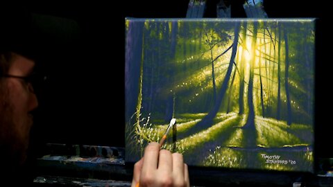 Acrylic Landscape Painting of Sunlight in a Forest - Time Lapse - Artist Timothy Stanford