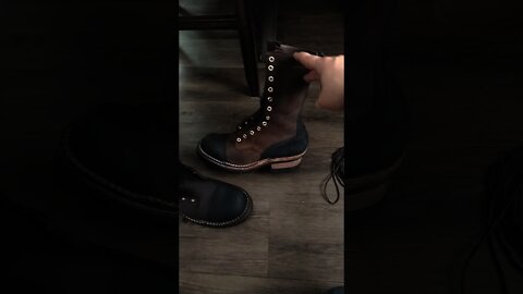 comparison of Frank's boots custom T1 commanders 1 cleaned with saddle soap, 1 now conditioned.