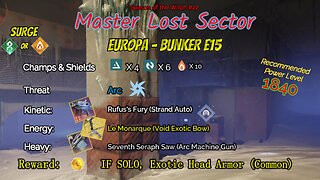 Destiny 2 Master Lost Sector: Europa - Bunker E15 on my Solar Warlock 11-14-23