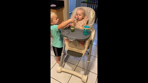 Toddler Feeds His Baby Sister