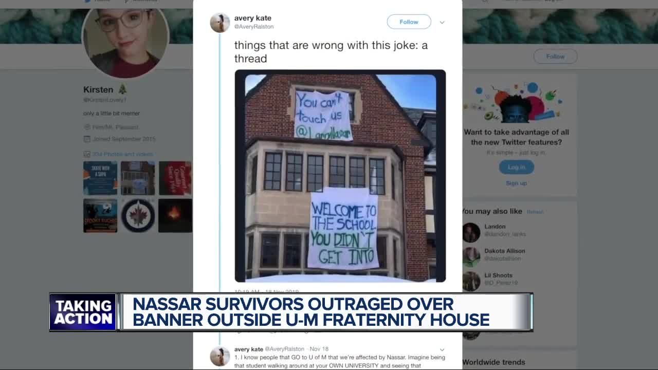 Nassar survivors outraged over banner outside UM fraternity house