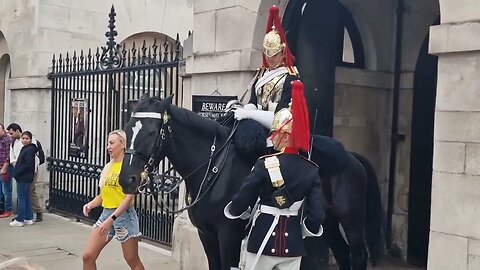 Horse tries 3 times to bite the kings guard #horseguardsparade