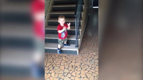 "Toddler Boy Carefully Walks Down Stairs and Falls Off Last Step"