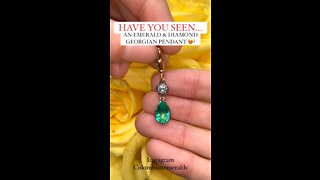 Vintage Georgian style emerald pear and round diamond dangle pendant 14K gold