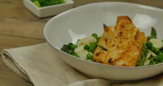 Vietnamese Broiled Cod with Asparagus, Peas, and Water Chestnut Stir-Fry