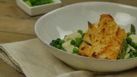 Vietnamese Broiled Cod with Asparagus, Peas, and Water Chestnut Stir-Fry