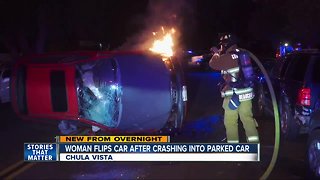 Driver crashes into parked car, causes own car to flip