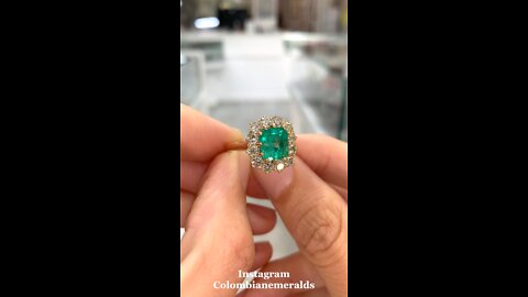 Hand made Victorian 3ct Vivid Colombian emerald and old European diamond halo ring 18K