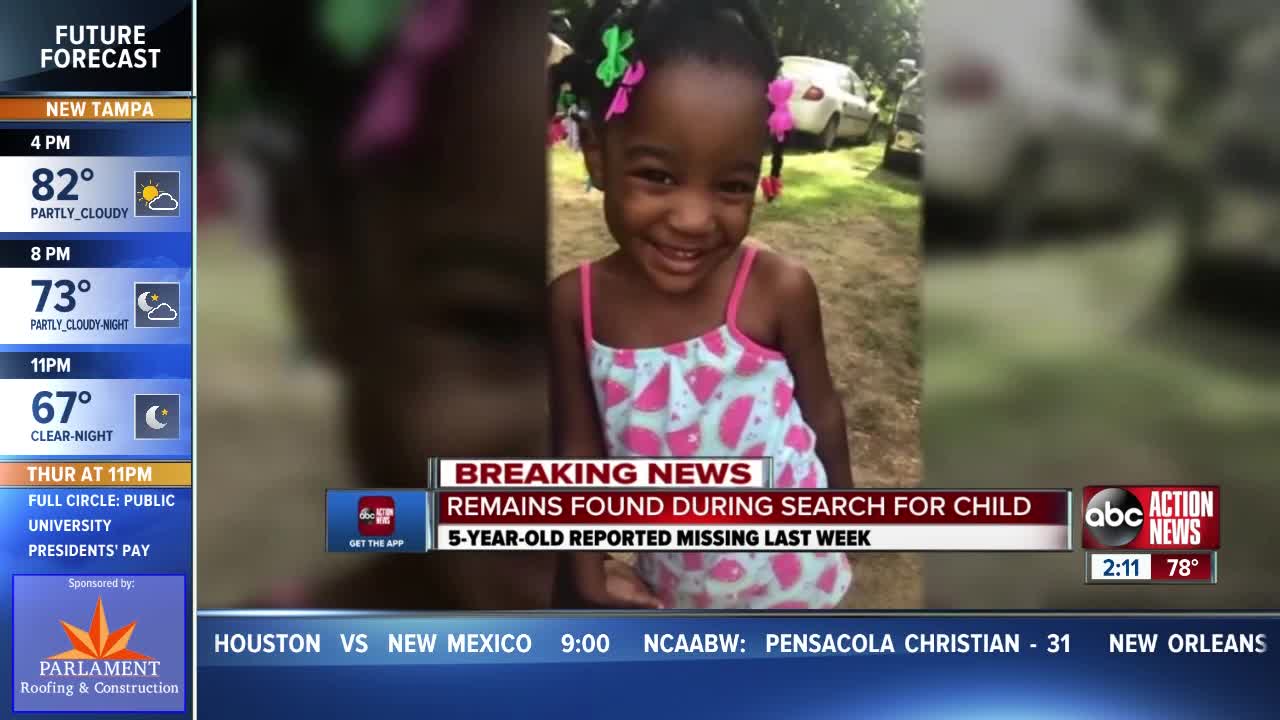 Human remains have been found in the search for a missing 5-year-old Florida girl, victim ID pending