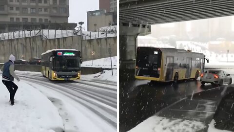 Bus loses control on snowy road in Istanbul, hits several cars