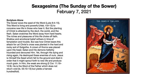Divine Service: The Sunday of the Sower (Sexagesima) - February 7, 2021