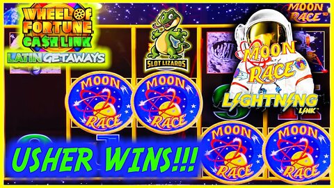 USHER HELPS US WIN! BACK TO BACK! Wheel of Fortune Latin Getaways VS Lightning Link Moon Race Slot