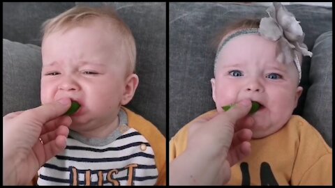 Twins eat lemons for the first time