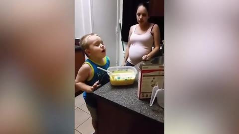 Funny Tot Boy Sneeze Into The Cupcake Batter