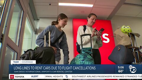 Long car rental lines after SD airport after flight cancellations