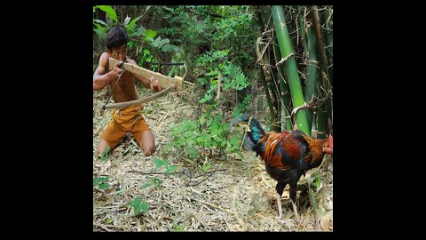 Adventure in the forest - woman with man found chicken for cook with tree - Eating delicious