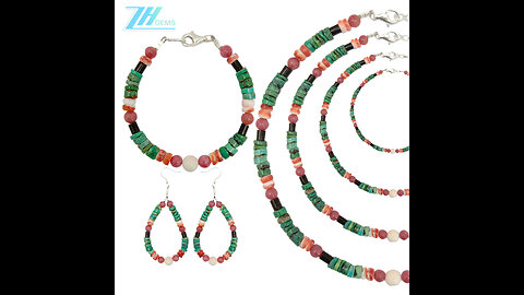 Natural turquoise and spiny oyster roundle beads with pink shell Rhodonite pendant jewelry set color