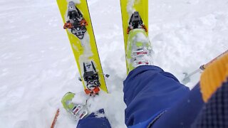how to put on backcountry skis on steep slope (Ares is in)
