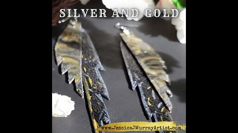 SILVER AND GOLD 6 inch, feather inspired leather earrings