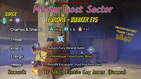 Destiny 2 Master Lost Sector: Europa - Bunker E15 on my Arc Titan 11-3-23