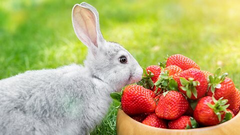 Adorable rabbits eating strawberries 🍓