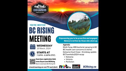 BC Rising - Wed, Mar 20, 2024 Meeting - Foray 48B Bacterial Moth Spray, BC Healthcare stories, D.Lindsay, BCTownhalls2024