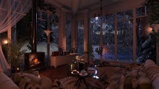 Winter Lake House | Night Ambience | Log Burner Fireplace, Snowstorm & Blizzard Sounds