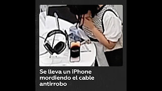 Rompe a mordiscos un cable antirrobo y se lleva un iPhone 14 Plus de una tienda