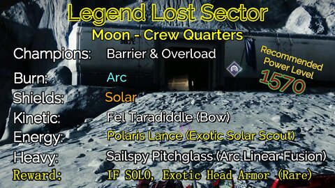 Destiny 2 Legend Lost Sector: Moon - K1 Crew Quarters on my Hunter 10-10-22