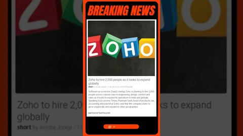 Breaking News: Zoho to hire 2,000 people as it looks to expand globally #shorts #news