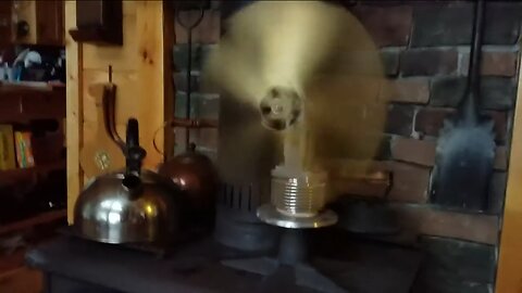 12" Stovetop Stirling engine fan circulates air from the wood stove throughout cabin - 10 years old