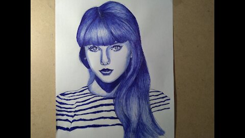 Art (drawing beautiful girl with ballpoint pen ~ blue pen)