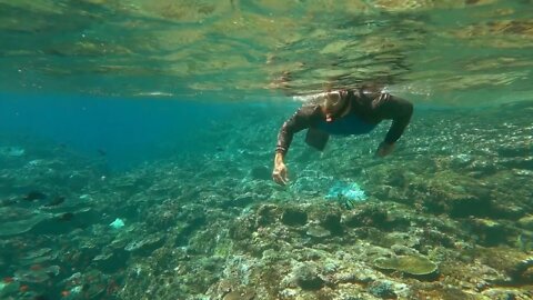 Man wearing mask and diving in the sea, slow motion