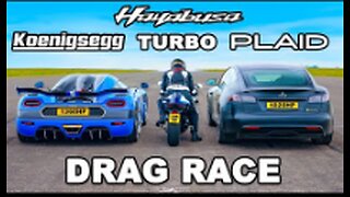 Koenigsegg v Tesla Plaid v Turbo Hayabusa: DRAG RACE