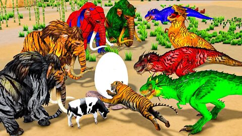 5 Giant Dinosaur vs Zombie Tiger Wild Animal Fights Cartoon Cow Saved By 10 Zombie Mammoths Elephant