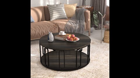 Gezen 2-Tier Round Coffee Table, Industrial Coffee Table for Living Room, Wooden Tabletop Rusti...