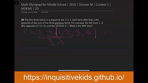 Math Olympiad for Middle School | 2010 | Division M | Contest 2 | MOEMS | 2D