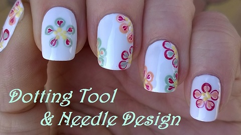 Dotting tool & needle nail art: Colorful floral design over white nails