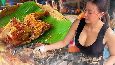 AMAZING Grilled Chicken Braest Prepared By !! Beautiful Thai Lady Chef ! THAI Street Food