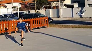 7-year-old soccer player pulls amazing trick shot