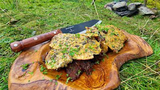 Bushcraft in a Beautiful forest! Cooking meat with potatoes under a thick layer of cheese