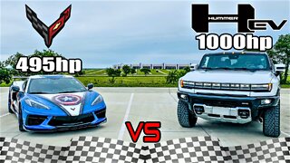 1st Ev Hummer DRAG RACE vs C8 Corvette! C8 HUMILIATED?