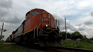 CN 5722, CN 2172 & CN 2328 Engines Manifest Train Westbound At Mandaumin Crossing TRACK SIDE
