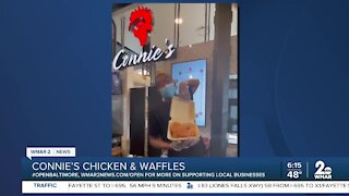 Connie's Chicken and Waffles says "We're Open Baltimore!"